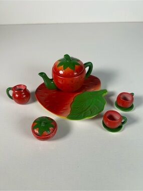 Ceramic miniature strawberry teaset doll house size Ten piece Made In Taiwan